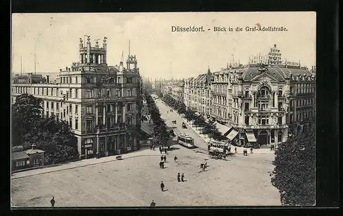 AK Düsseldorf, Blick in die Graf - Adolfstrasse, Strassenbahn vor dem Hotel Bristol