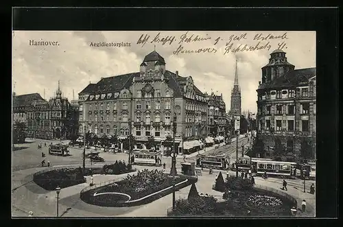 AK Hannover, Strassenbahnen auf dem Aegidienthorplatz