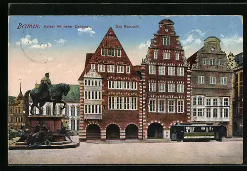 AK Bremen, Kaiser Wilhelm - Denkmal, Strassenbahn vor dem Ratscafe