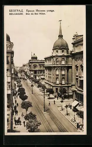 AK Belgrade, Rue du Roi Milan, Strassenbahnen unterwegs