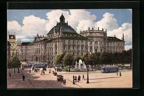 AK München, Strassenbahnen vor dem Justizpalast