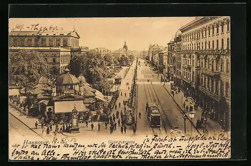 AK Hannover, Passanten und eine Strassenbahn auf der Georgstrasse