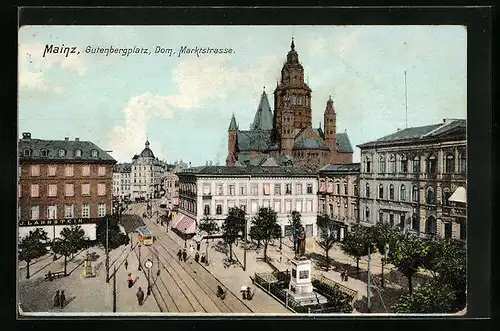 AK Mainz, Gutenbergplatz mit dem Dom und einer Strassenbahn auf der Marktstrasse