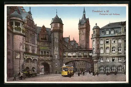 AK Frankfurt a. Main, Strassenbahn vor dem Rathaus am Paulsplatz