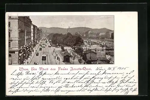 AK Wien, Passanten und eine Strassenbahn auf dem Franz Josefs-Quai