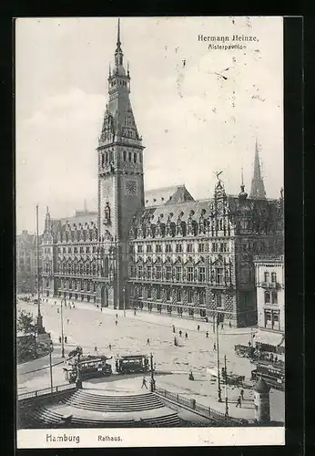 AK Hamburg, Rathaus mit Strassenbahn und Passanten, Hermann Heinze, Alsterpavillon