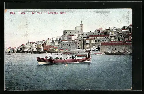 AK Jaffa, Schiff im Hafen, Blick auf die Häuserfront am Ufer