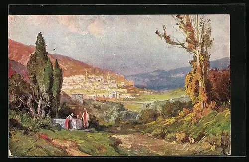 Künstler-AK Nazareth, Frauen in Tracht mit Stadtblick