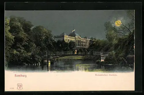 Mondschein-AK Hamburg-St.Pauli, Botanischer Garten, Brücke
