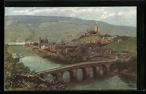AK Bingen, Ortsansicht mit Burg Klopp und Drususbrücke