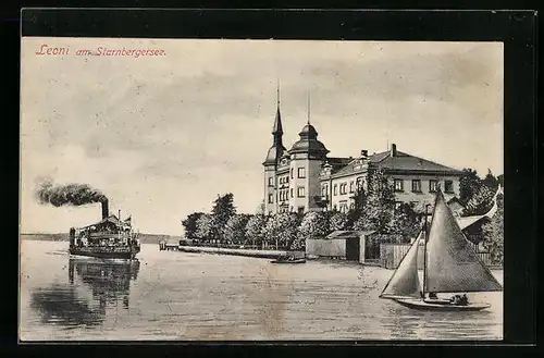 AK Leoni / Starnberger See, Seepartie mit Dampfer und Segelboot