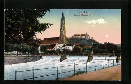 AK Landshut, Oberes Wasserwehr, Blick zur Kirche