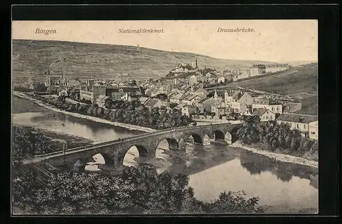 AK Bingen, Ortsansicht mit Drususbrücke und Nationaldenkmal