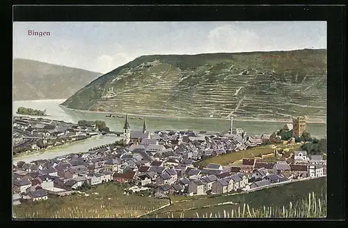 Künstler-AK Bingen, Gesamtansicht, Blick zum Rhein