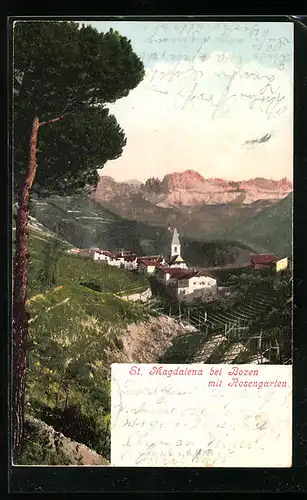 AK St. Magdalena bei Bozen, Ortsansicht mit Rosengarten