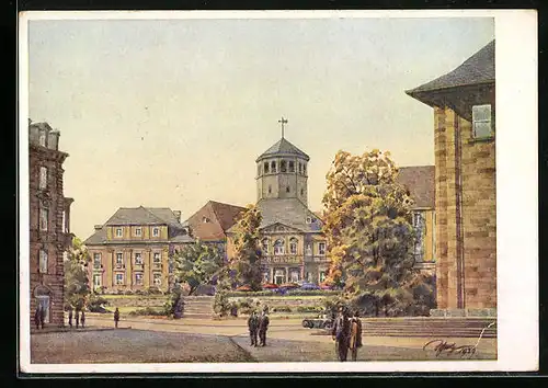 Künstler-AK Bayreuth, Blick auf den Hans-Schemm-Platz mit Gonthardhaus und Schlossturm