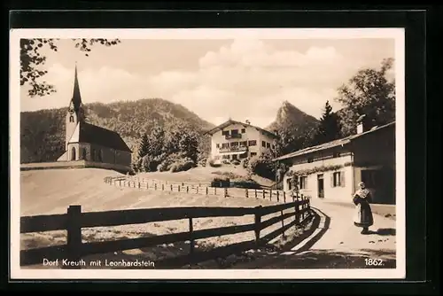 AK Kreuth, Teilansicht mit Kirche und Leonhardstein