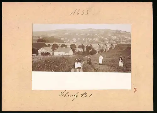 Fotografie Brück & Sohn Meissen, Ansicht Sebnitz, Blick auf das Eisenbahnviadukt mit Ortsansicht