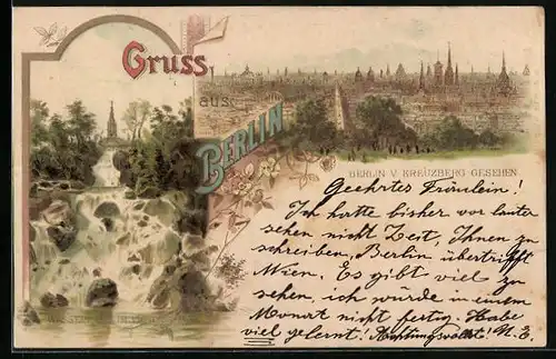 Lithographie Berlin, Gesamtansicht vom Kreuzberg aus, Wasserfall im Victoria Park