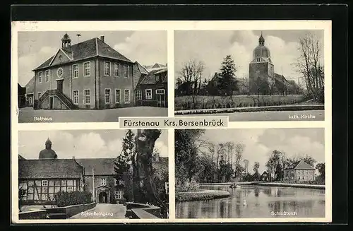 AK Fürstenau, vor dem Rathaus, die kath. Kirche, am Schlosstzeich