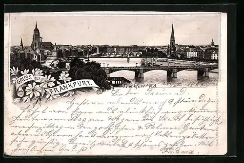 Vorläufer-Lithographie Frankfurt a. M., 1893, Teilansicht mit Kirche und Brücke