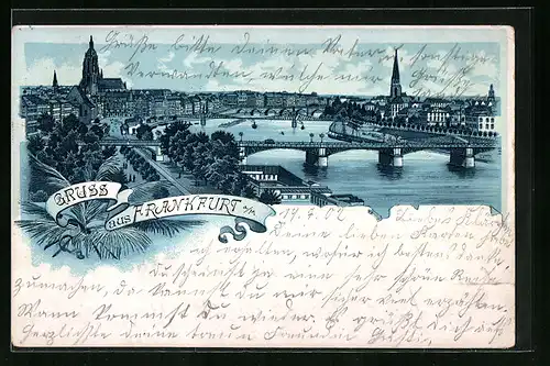 Lithographie Frankfurt a. M., Teilansicht mit Kirche und Brücke