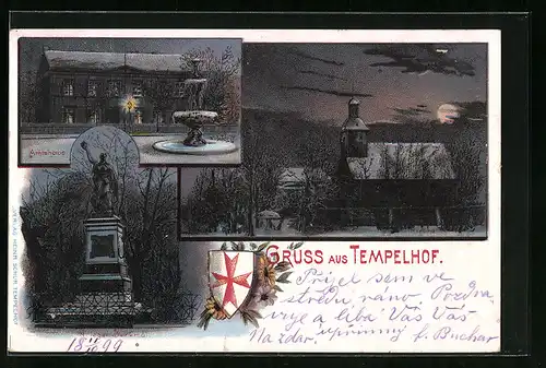 Lithographie Berlin-Tempelhof, Kirche bei Mondschein u. Amtshaus mit Brunnen im Winter, Krieger-Denkmal