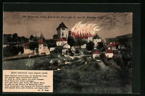 AK Solingen, Der Brand von Schloss Burg 1920, Gebt reichlich und zögert nicht, Fr. W. Sass