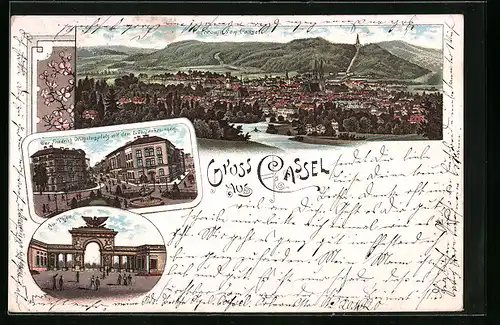 Lithographie Kassel, Panorama, Der Friedrich Wilhelmsplatz mit dem Löwenbrunnen, Au-Tor