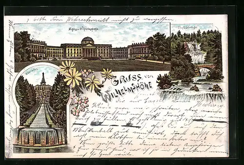 Lithographie Kassel-Wilhelmshöhe, Schloss Wilhelmshöhe, Teufelsbrücke, Cascaden