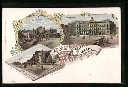 Lithographie Kassel, Gasthaus Schöne Aussicht, Bahnhof, Postgebäude