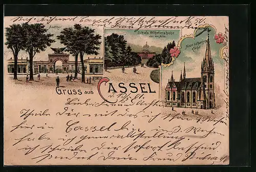 Lithographie Kassel, Schloss Wilhelmshöhe von der Allee, Neue lutherische Kirche, Auetor