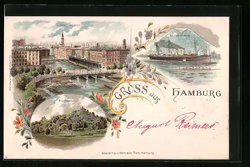 Lithographie Hamburg, Alster-Arcaden, Blankenese, Dampfer Auguste-Victoria