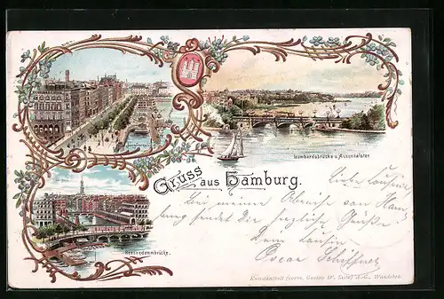 Lithographie Hamburg, Lombardsbrücke und Aussenalster, Jungfernstieg, Reesendammbrücke