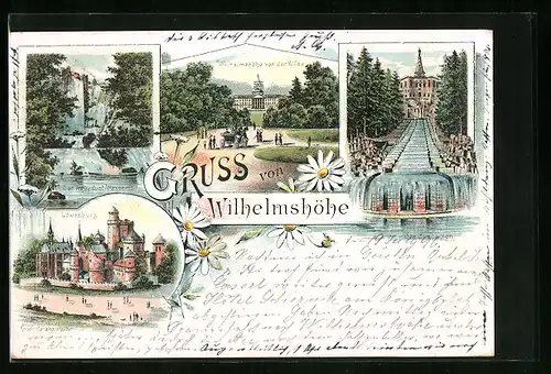 Lithographie Kassel-Wihelmshöhe, Der Aquaduct Wasserfall, Löwenburg, Wilhelmshöhe von der Allee
