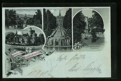 Mondschein-Lithographie Kassel-Wilhelmshöhe, Löwenburg, Die Cascaden, Der Aquaduct-Wasserfall