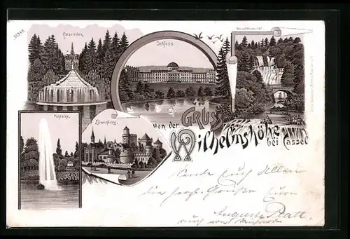 Lithographie Kassel-Wilhelmshöhe, Löwenburg, Schloss, Fontaine