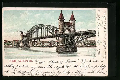 Lithographie Bonn, Blick zur Rheinbrücke