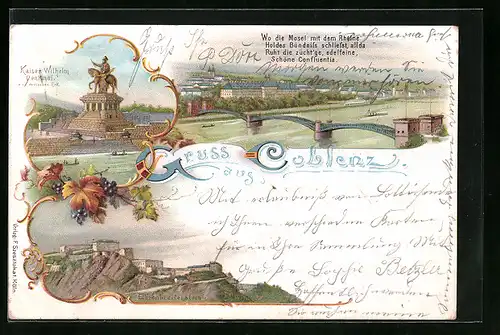 Lithographie Coblenz, Totalansicht mit Kaiser Wilhelm Denkmal