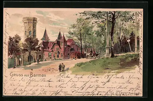 Lithographie Barmen, Ober Anlagen mit Krieger-Denkmal