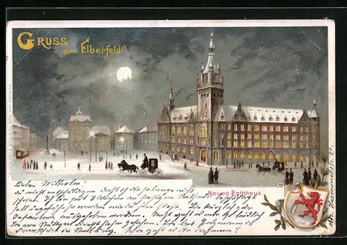 Mondschein-Lithographie Elberfeld, Neues Rathaus mit Wappen