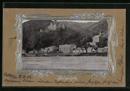 Passepartout-AK Stolzenfels, Ortsansicht mit Uferpartie