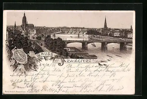 Lithographie Frankfurt a. M., Totalansicht mit Flusspartie