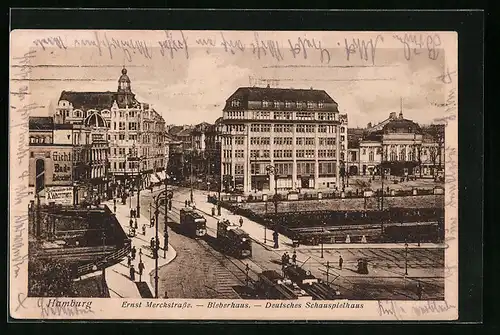 AK Hamburg-St.Georg, Ernst Merckstrasse-Bieberhaus-Deutsches Schauspielhaus mit Strassenbahn