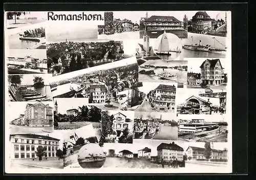 AK Romanshorn, Strassenpartie mit Hotel Bodan, Hafen mit Dampfern