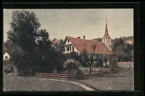 AK Hirzel, Einzelhaus mit Blick auf Kirchturm