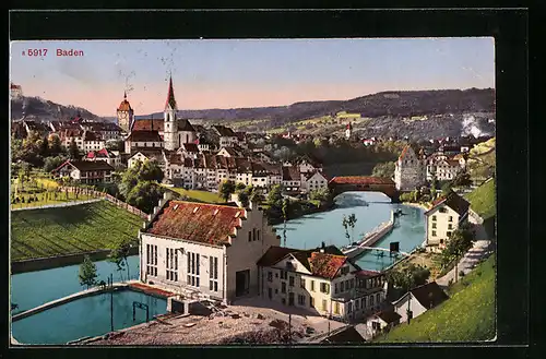 AK Baden, Teilansicht mit Brücke