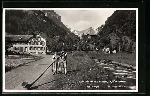 AK Wasserauen, Gasthaus Alpenrose mit Alphornbläser