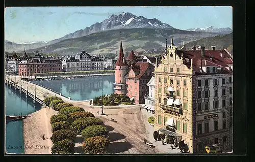 AK Luzern, Gesamtansicht mit Hotel zum Schwanen und Pilatus im Hintergrund