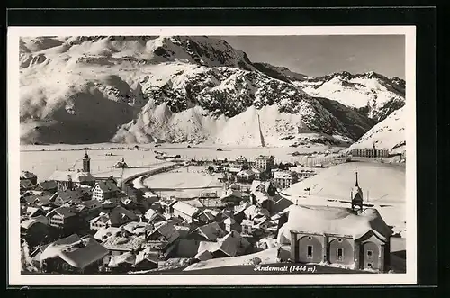 AK Andermatt, Panorama der schneebedeckten Ortschaft
